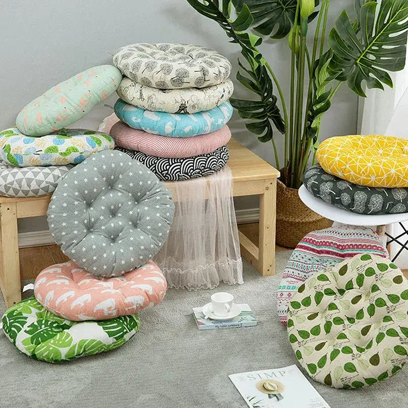 15 - Coussin de chaise rond motif feuilles dessinées - Coussin Chaise