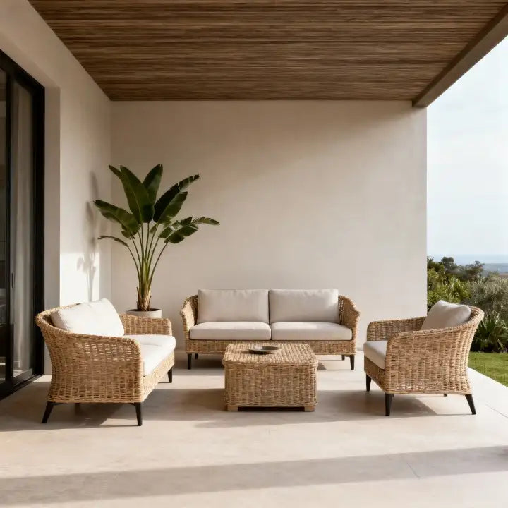 Ensemble de patio en osier rembourré beige avec pieds en bois sombre.