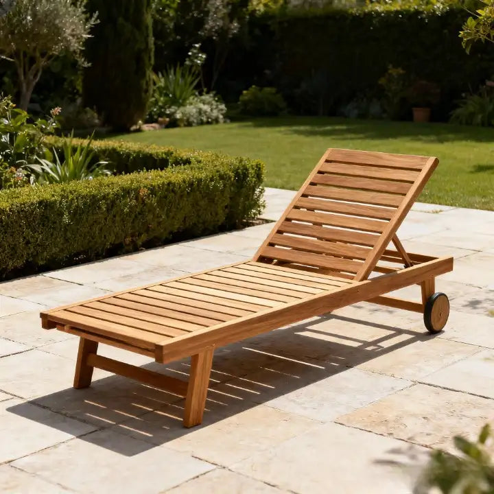 Fauteuil de lounge en bois de teck avec design à lattes et roues.