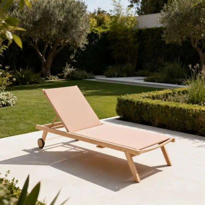 Fauteuil de salon en bois rembourré beige avec une seule roue pivotante.