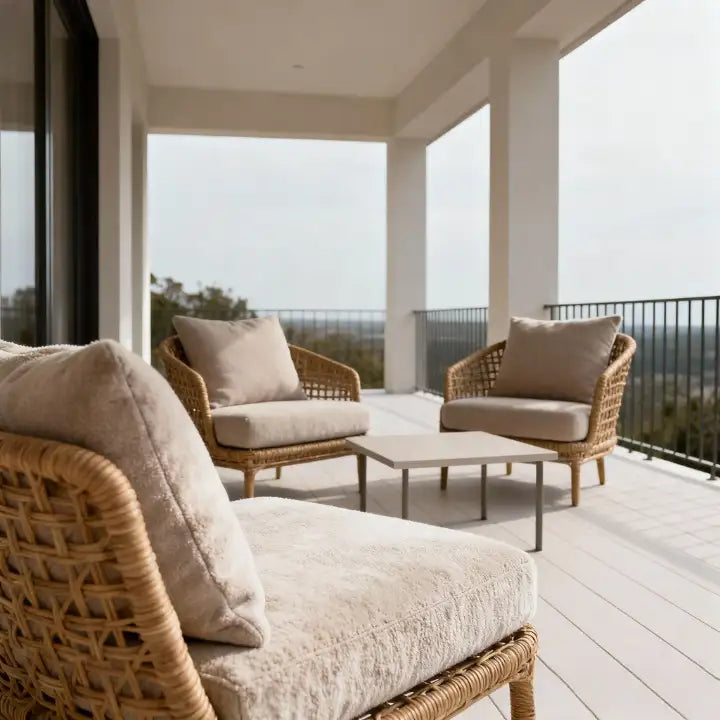 Fauteuil de salon en osier rembourré beige avec un cadre en fibres naturelles tissées et un rembourrage moelleux texturé.