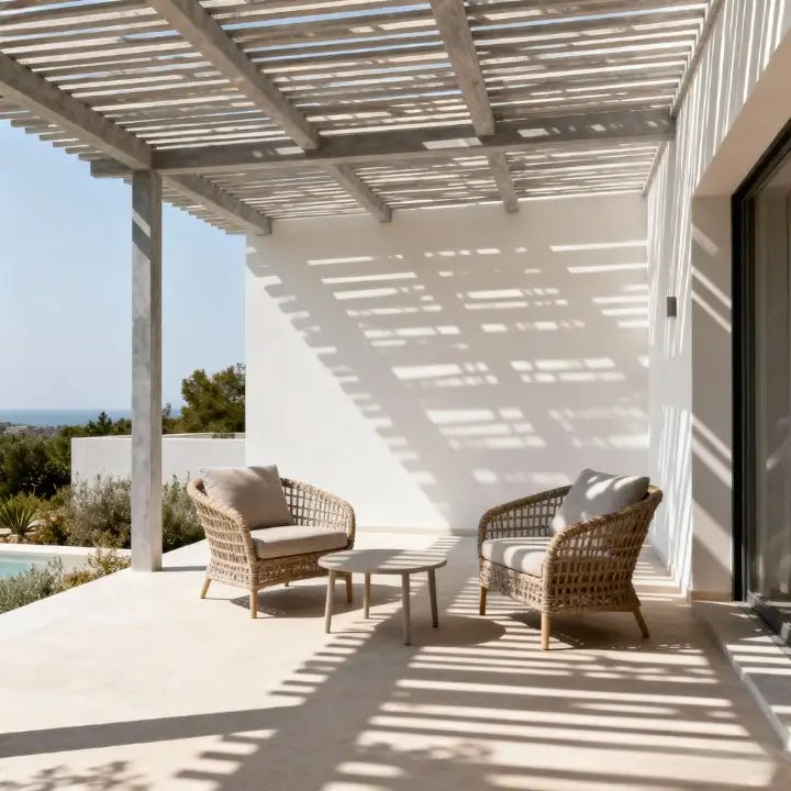 Deux fauteuils en osier beige clair avec des coussins assortis sont assis sous une pergola en bois sur une terrasse ensoleillée.